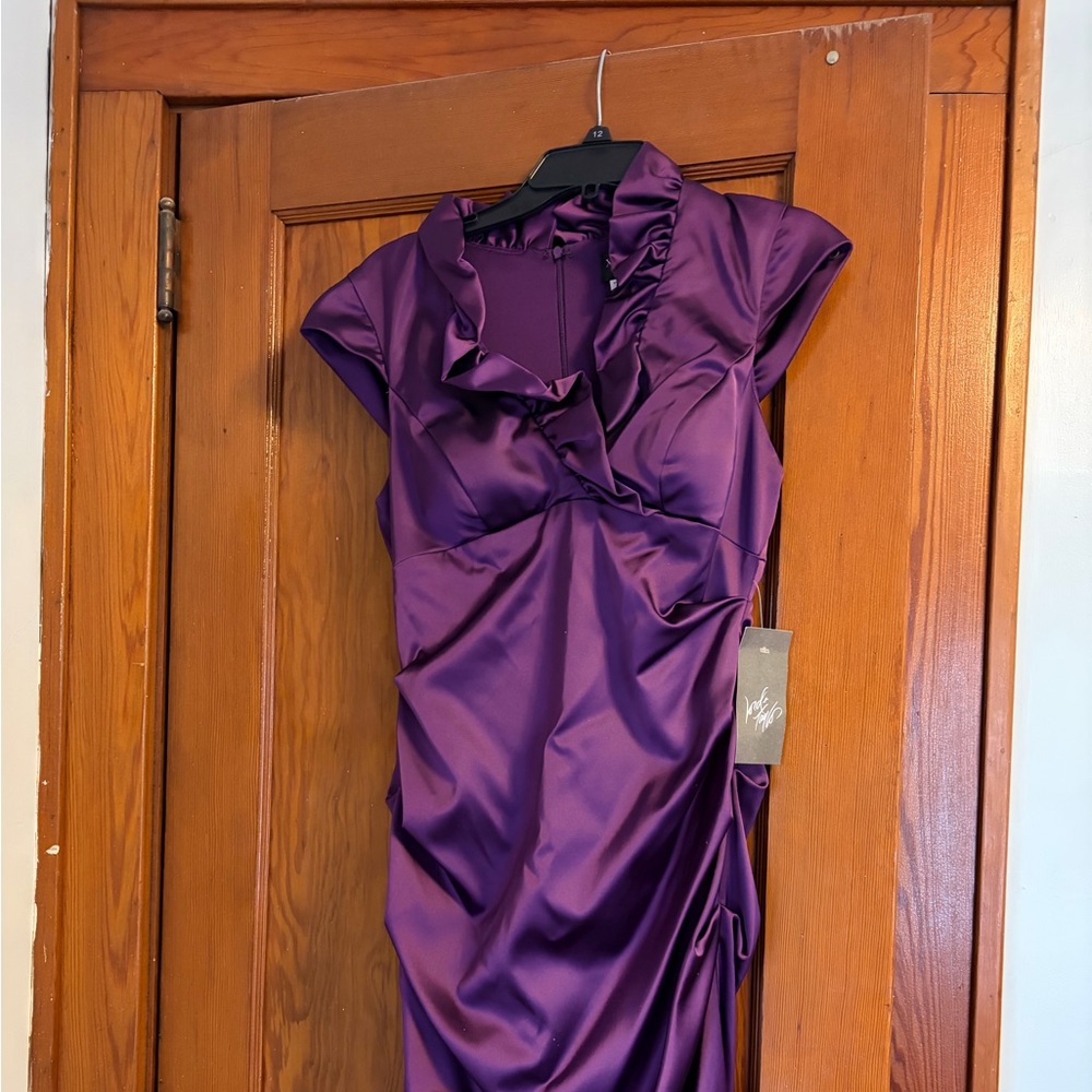 Purple Ruffled Satin Evening Dress